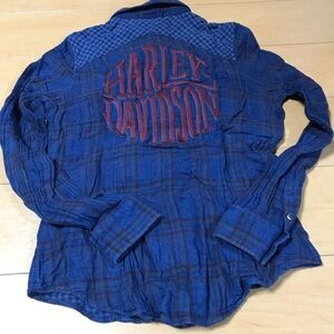 Harley Davidson Western Blue Long Sleeve Cotton Flannel Button Down Size Small